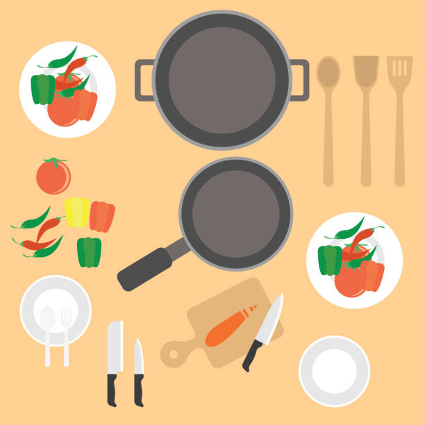 widok z góry na człowieka pracującego przy kuchennym stole. ilustracja wektorowa - spoon vegetable fork plate stock illustrations
