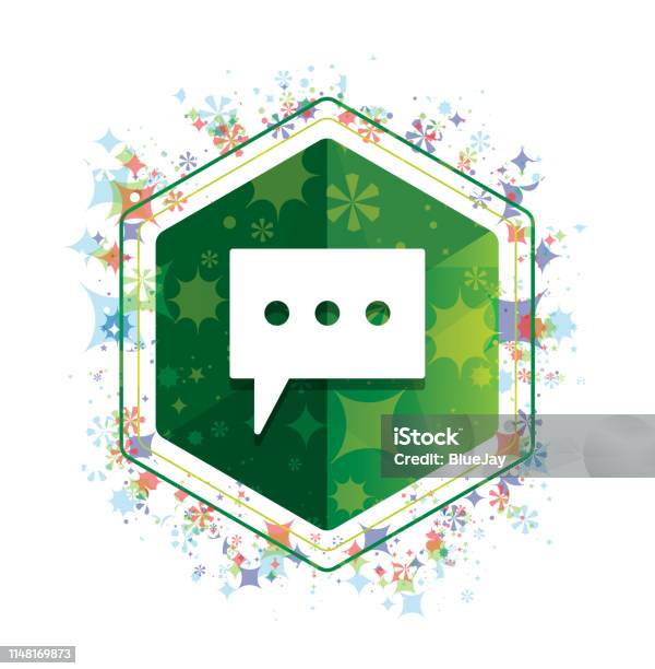 Comment Icon Floral Plants Pattern Green Hexagon Button Stock Illustration - Download Image Now