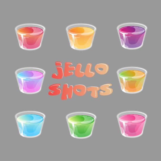 Set of multicolored jello shots in small plastic cups. Set of jello shots in small plastic cups. Bright multicolored gradient jelly in glossy cartoon style. Vector illustration isolated on gray background. jello illustrations stock illustrations