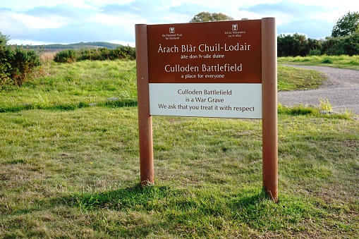 Entrance sign of the Culloden Battlefield. September 2018, Culloden, Scotland