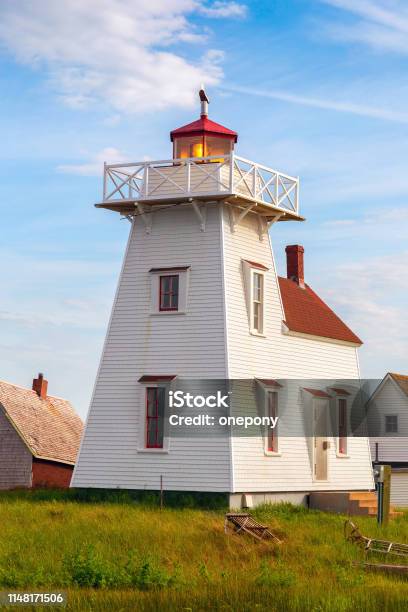 North Rustico Lighthouse Stock Photo - Download Image Now - Atlantic Ocean, Beacon, Blue