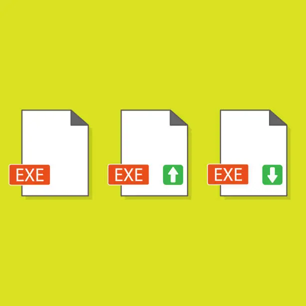 Vector illustration of Filename extension icon EXE executable file format created in flat style. The sign depicts a white sheet of paper with a curved corner and a colored rectangle with the name of the file.