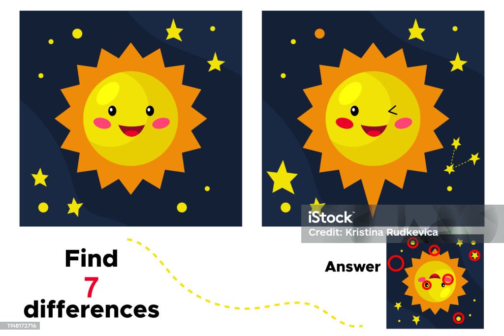 Cute cartoon sun. Educational game for children. Find 7 differences. Space theme. Vector illustration. Activity stock vector