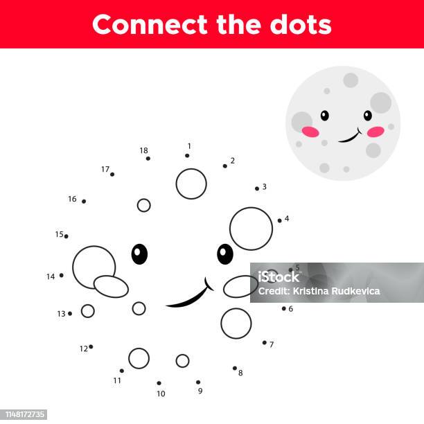 Dot To Dot Game Numbers Game For Children Cute Cartoon Moon Stock Illustration - Download Image Now