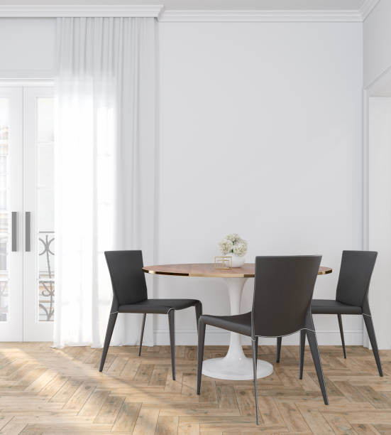 istock Classic white empty interior room with dinner table, chairs, curtain, wooden floor and flowers. 3d render illustration. 1148173900