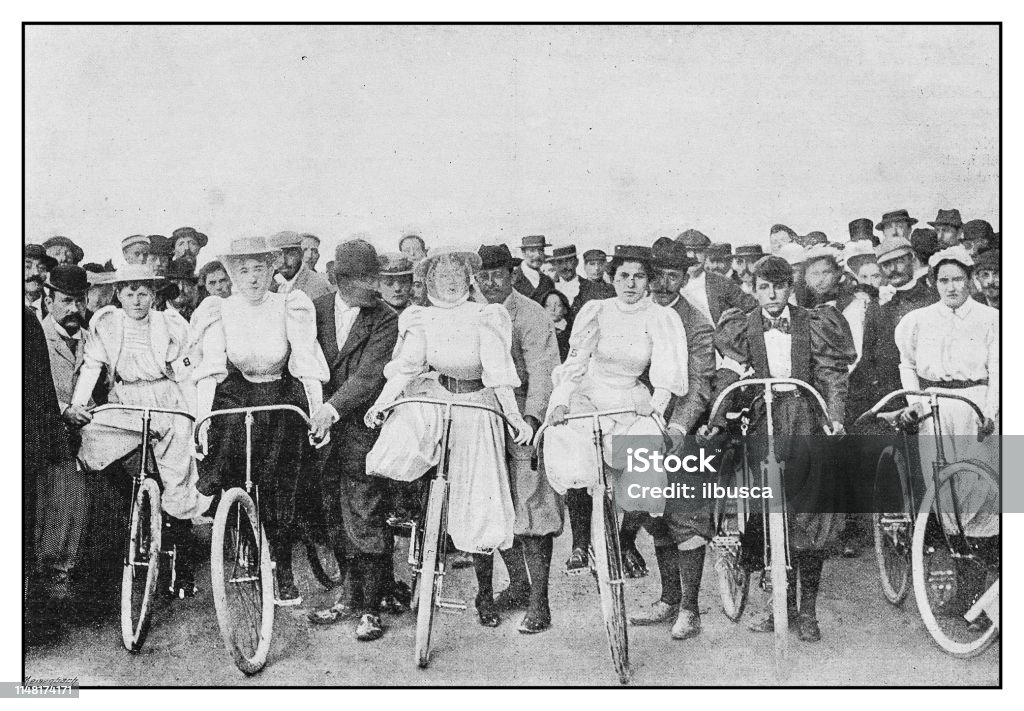 Antique photo: Bicycle women Women stock illustration