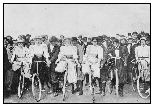 Antique photo: Bicycle women Antique photo: Bicycle women womens issues photos stock illustrations