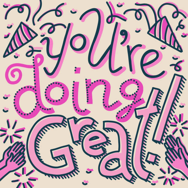 Pink You're Doing Great lettering card Colorful vector hand-drawn lettering of words You're Doing Great. Greeting card encouragement sentiment. Clapping hands, firecrackers and confetti doodles. Light pink colors, offset effect. you re awesome stock illustrations