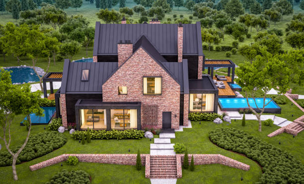 istock 3d rendering of modern clinker house on the ponds with pool in evening 1148177384