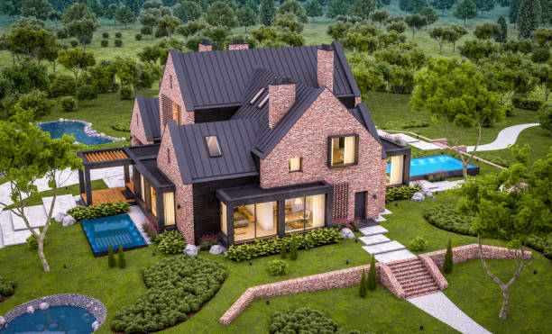 istock 3d rendering of modern clinker house on the ponds with pool in evening 1148177388