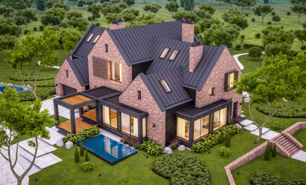 istock 3d rendering of modern clinker house on the ponds with pool in evening 1148177417