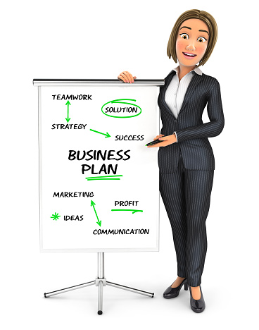 3d business woman writing business plan on paperboard, illustration with isolated white background