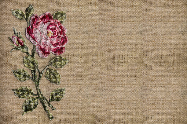 cruz-costurado rosa close-up rosa - embroidery canvas beige close up - fotografias e filmes do acervo