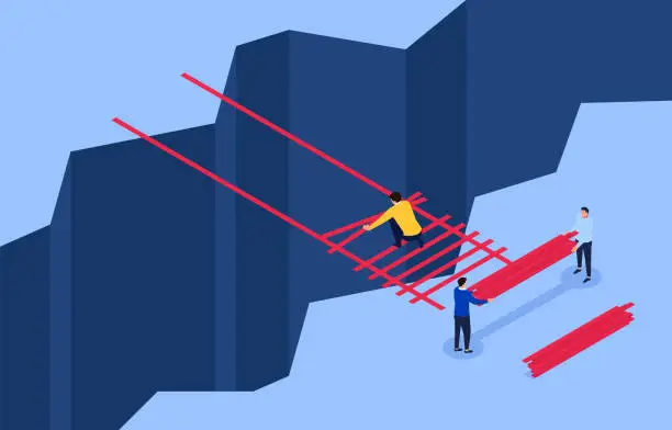 Vector illustration of Teamwork to build a ladder through the cliff