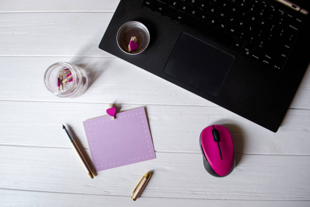 istock Female workplace top view. Business flat lay. 1148181063