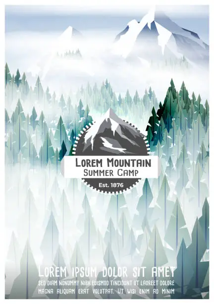 Vector illustration of Summer camp poster with pine forest and mountain