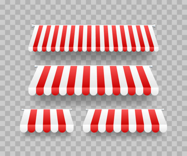 Colored striped awnings set for shop, restaurants and market store on transparent background. Vector stock illustration. Colored striped awnings set for shop, restaurants and market store on transparent background. Vector illustration. store wall surrounding wall facade stock illustrations