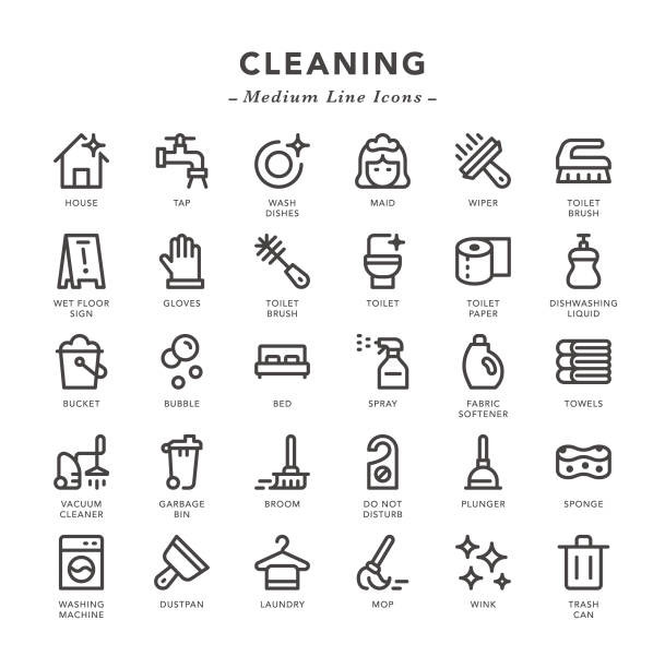 Cleaning - Medium Line Icons Cleaning - Medium Line Icons - Vector EPS 10 File, Pixel Perfect 30 Icons. bucket and sponge stock illustrations