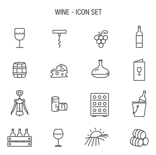 вино значок установить контур серый основные - computer icon symbol cork wine stock illustrations