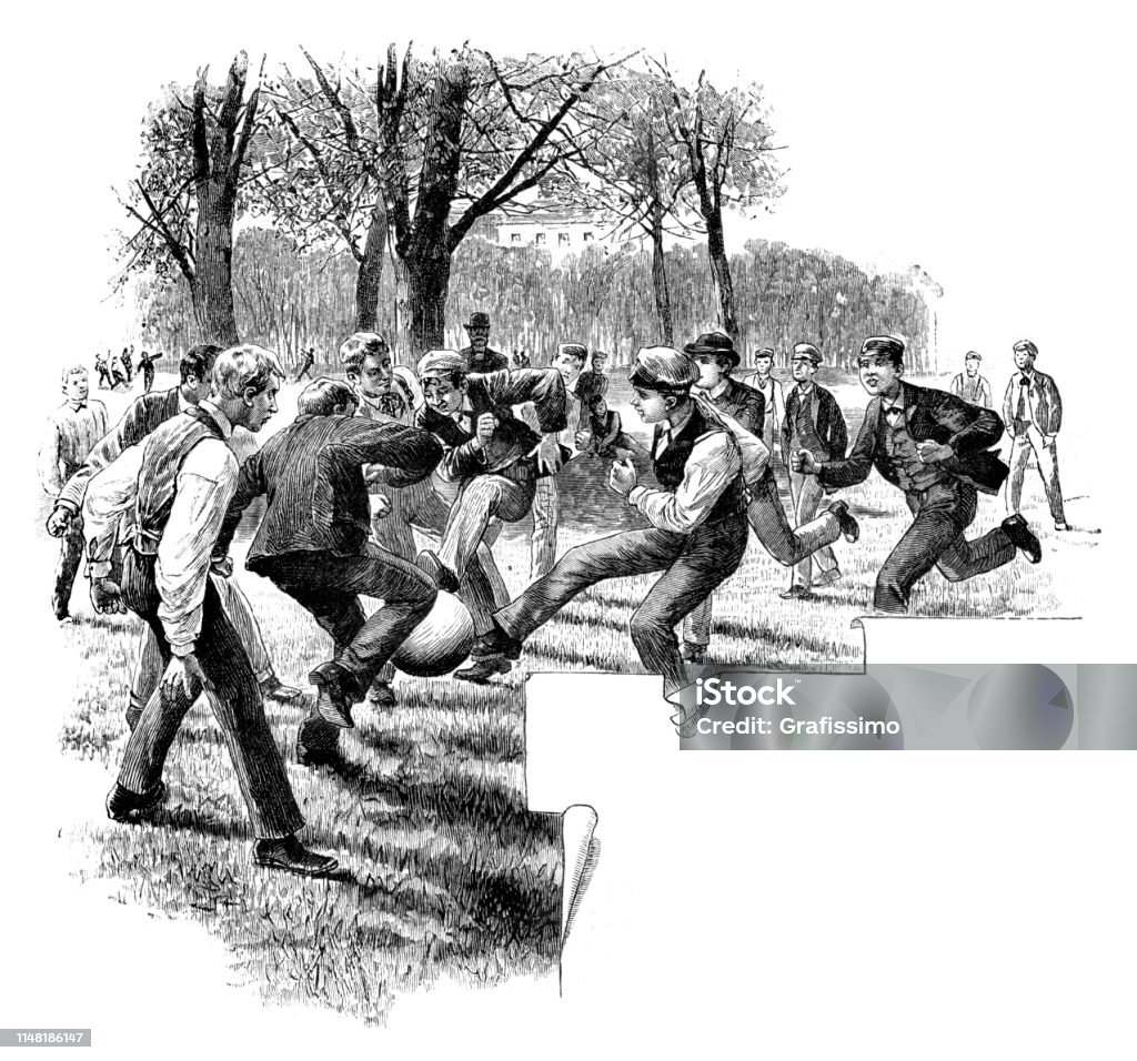 Group of young men playing soccer 1890 Steel engraving of young men playing soccer 1890
Original edition from my own archives
Source : "Die Gartenlaube" 1890 Soccer Player stock illustration