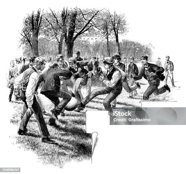 Group Of Young Men Playing Soccer 1890 Stock Illustration - Download Image Now - Soccer Player, Engraved Image, Vitality