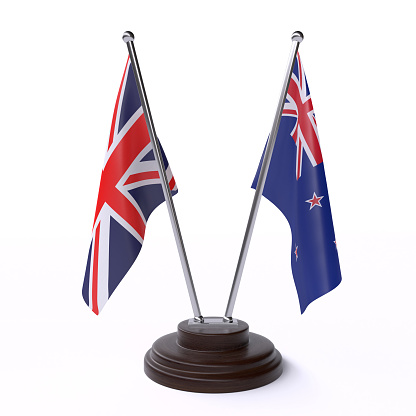 UK and New Zealand, two table flags on white background. 3d image