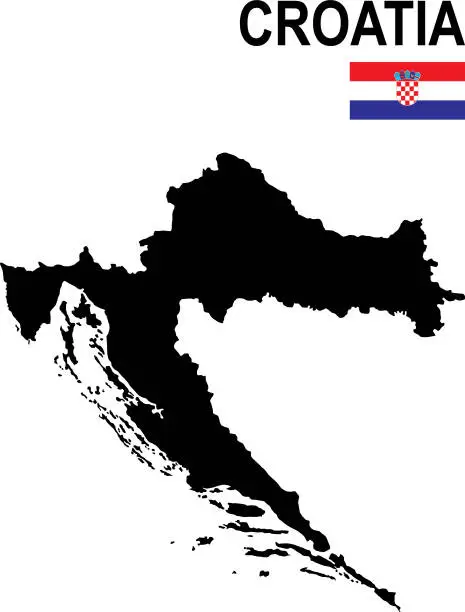 Vector illustration of Black basic map of Croatia with flag against white background