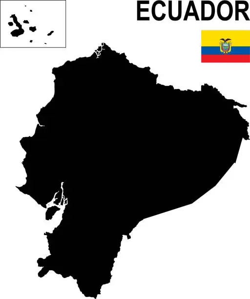Vector illustration of Black basic map of Ecuador with flag against white background
