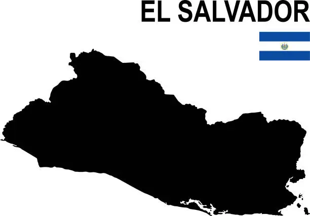 Vector illustration of Black basic map of El Salvador with flag against white background
