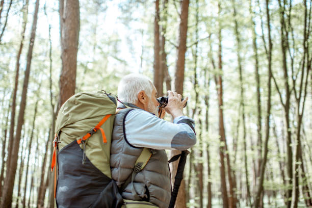 istock Senior man hiking with binoculars in the forest 1148188689