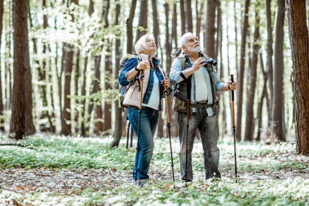 pareja de ancianos senderismo en el bosque - couple walking old middle fotografías e imágenes de stock