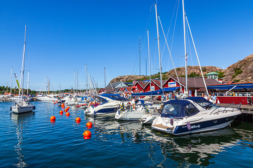 Boats by the bridge in Grebbestad in the archipelago of the Swedish west coast