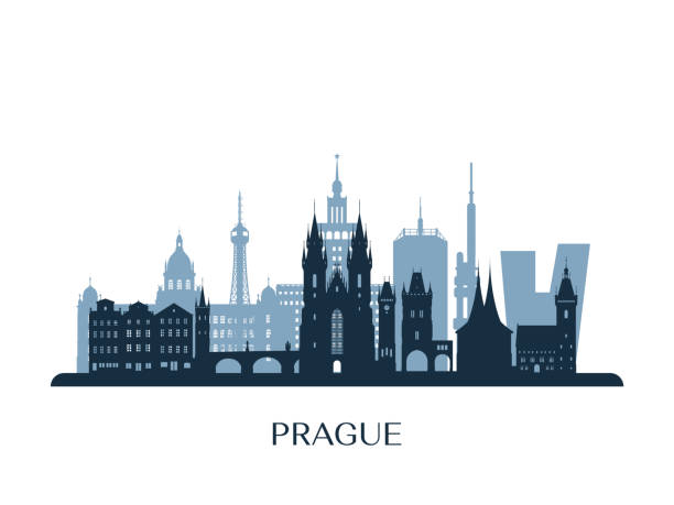 пражский горизонт, монохромный силуэт. векторная иллюстрация. - prague czech republic skyline church stock illustrations