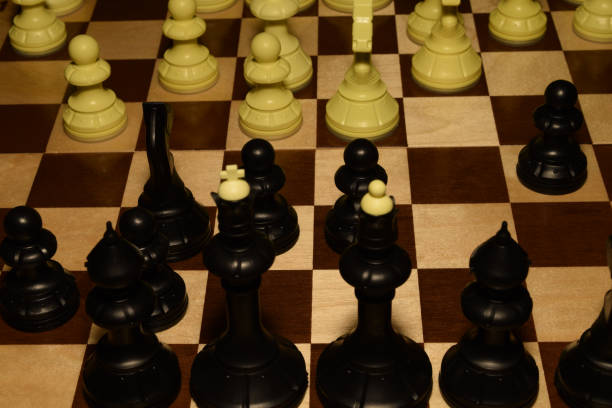 istock Wooden chess board with black pieces like a skill background 1148191352