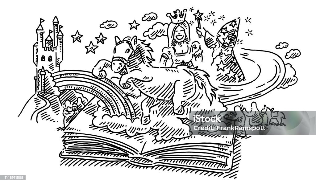 Fantasy Childhood Fairy Tale Story Book Drawing Hand-drawn vector drawing of a Fairy Tale Story Book with Childhood Fantasy elements popping out, a galloping horse, a castle, a rainbow, a princess and a wizard. Black-and-White sketch on a transparent background (.eps-file). Included files are EPS (v10) and Hi-Res JPG. Picture Book stock vector