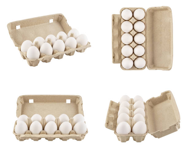 Set of full egg cartons shot from different angles. Isolated. Set of full egg cartons shot from different angles. Recyclable boxes or containers. Isolated on white. egg carton stock pictures, royalty-free photos & images