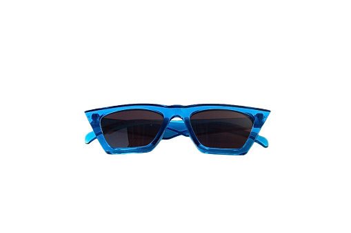 Blue wayfarer thick frame sunglasses at isolated white background, front view folded