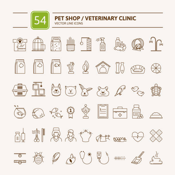 ilustraciones, imágenes clip art, dibujos animados e iconos de stock de línea delgada conjunto de iconos web-tienda de mascotas, clínica veterinaria, tipos de mascotas - grooming