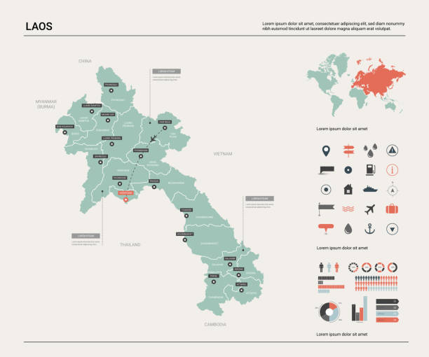 vector karte von laos. hochdetaillierte landkarte mit teilung, städten und hauptstadt vientiane. politische landkarte, weltkarte, infographische elemente. - laos stock-grafiken, -clipart, -cartoons und -symbole