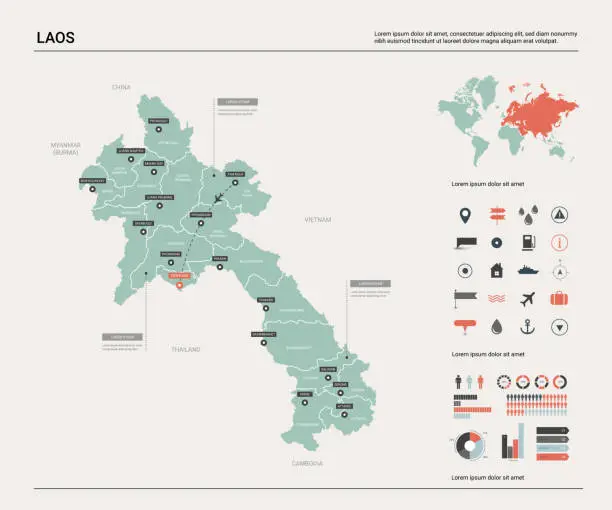 Vector illustration of Vector map of Laos. High detailed country map with division, cities and capital Vientiane. Political map,  world map, infographic elements.