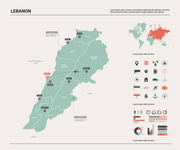 ilustrações, clipart, desenhos animados e ícones de mapa do vetor de líbano. mapa detalhado elevado do país com divisão, cidades e capital beirute. mapa político, mapa de mundo, elementos infográfico. - capital cities illustrations