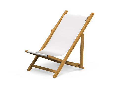 Folding wooden deckchair or beach chair mock up on isolated white background, 3d illustration