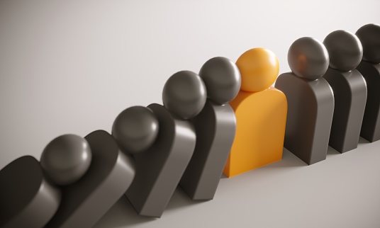 Concept of leadership with domino effect in business and an orange colored person saved others. (3d render)