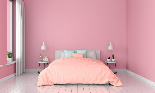 Pink bedroom interior for mockup, summer color concept, 3D rendering