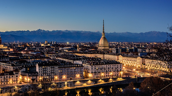 Night view of Turin from Superga Hill during winter, Piedmont, italy