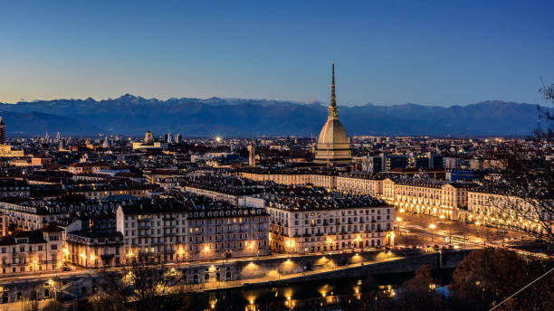 Night view of Turin from Superga Hill Night view of Turin from Superga Hill during winter, Piedmont, italy turin stock pictures, royalty-free photos & images