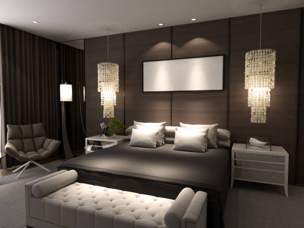 luxury bedroom interior - accent wall imagens e fotografias de stock