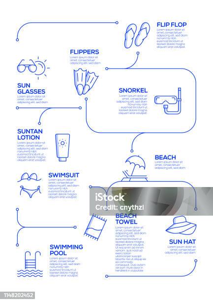 Summer And Beach Vector Concept And Infographic Design Elements In Linear Style Stock Illustration - Download Image Now