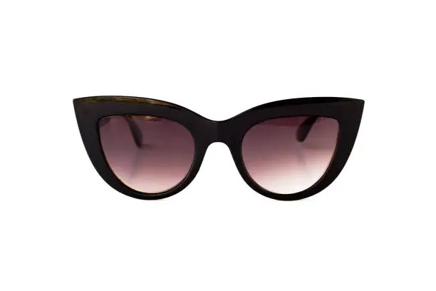 Black gradient cat eye sunglasses with thick frame at isolated white background , front view