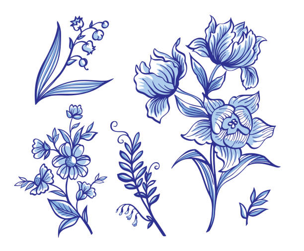 zestaw ozdobnych kwiatów w stylu holenderskim - dutch culture illustrations stock illustrations